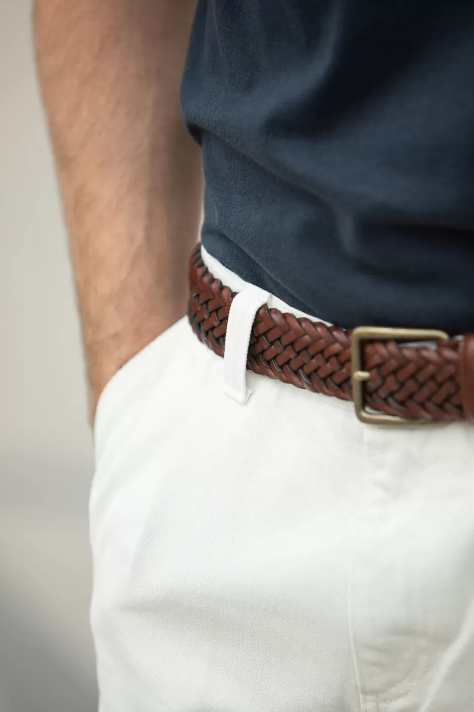 New Drapeau Noir Ceinture Cuir Tressée Cognac