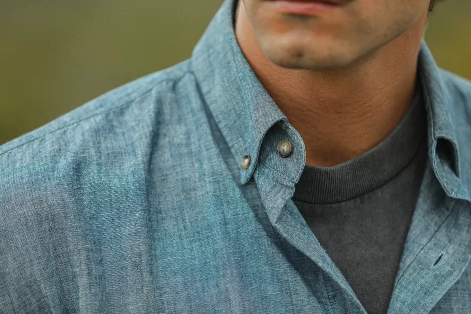 New Drapeau Noir Chemise Chambray Japonais - Modern Fit Bleu