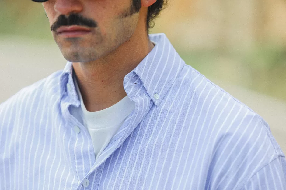 Discount Drapeau Noir Chemise Oxford Rayures Larges Bleue - Modern Fit Big Stripes Blue
