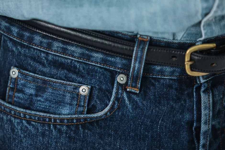 Discount Drapeau Noir Jean Selvedge Blue Stonewash - Athletic Fit Bleu