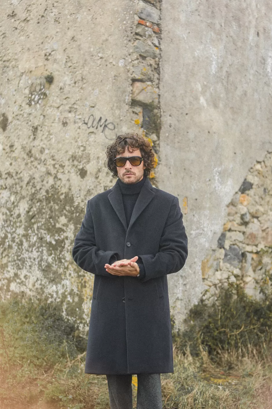 Sale Drapeau Noir Manteau Long Laine & Cachemire Navy