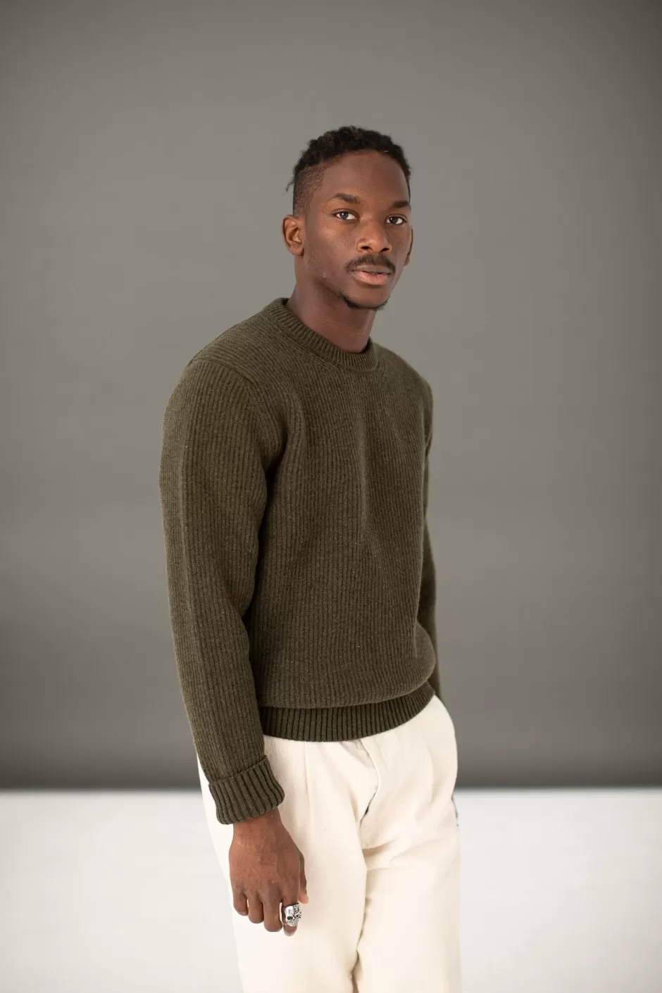 Fashion Drapeau Noir Pull Militaire Lambswool Khaki