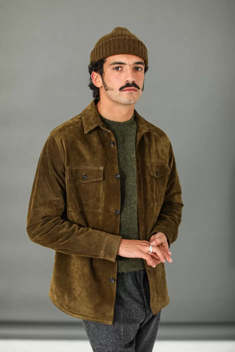 Hot Drapeau Noir Surchemise Cuir Suédé Olive