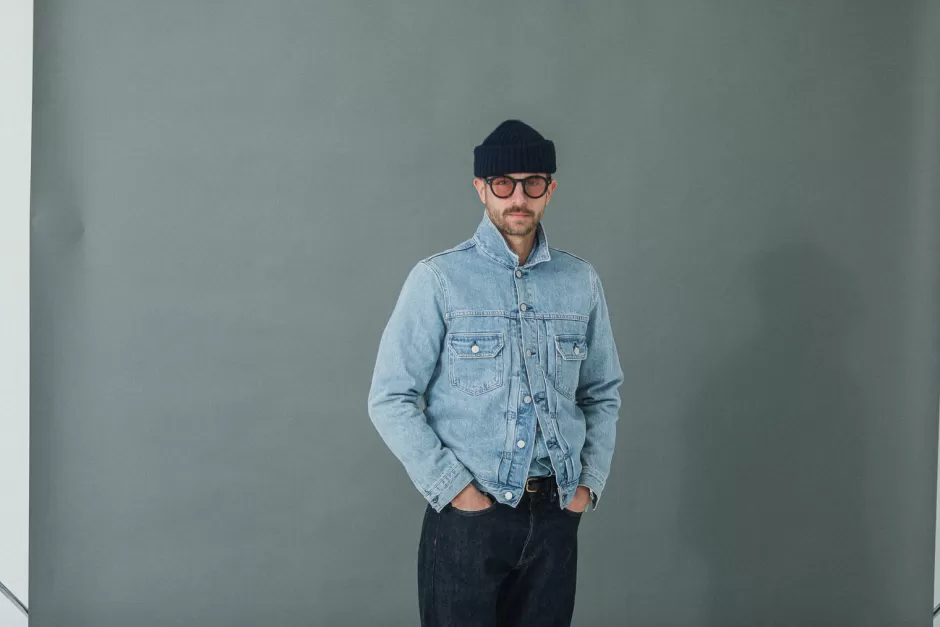 Cheap Drapeau Noir Veste "Type II" Denim Japonais Bleached Light Blue