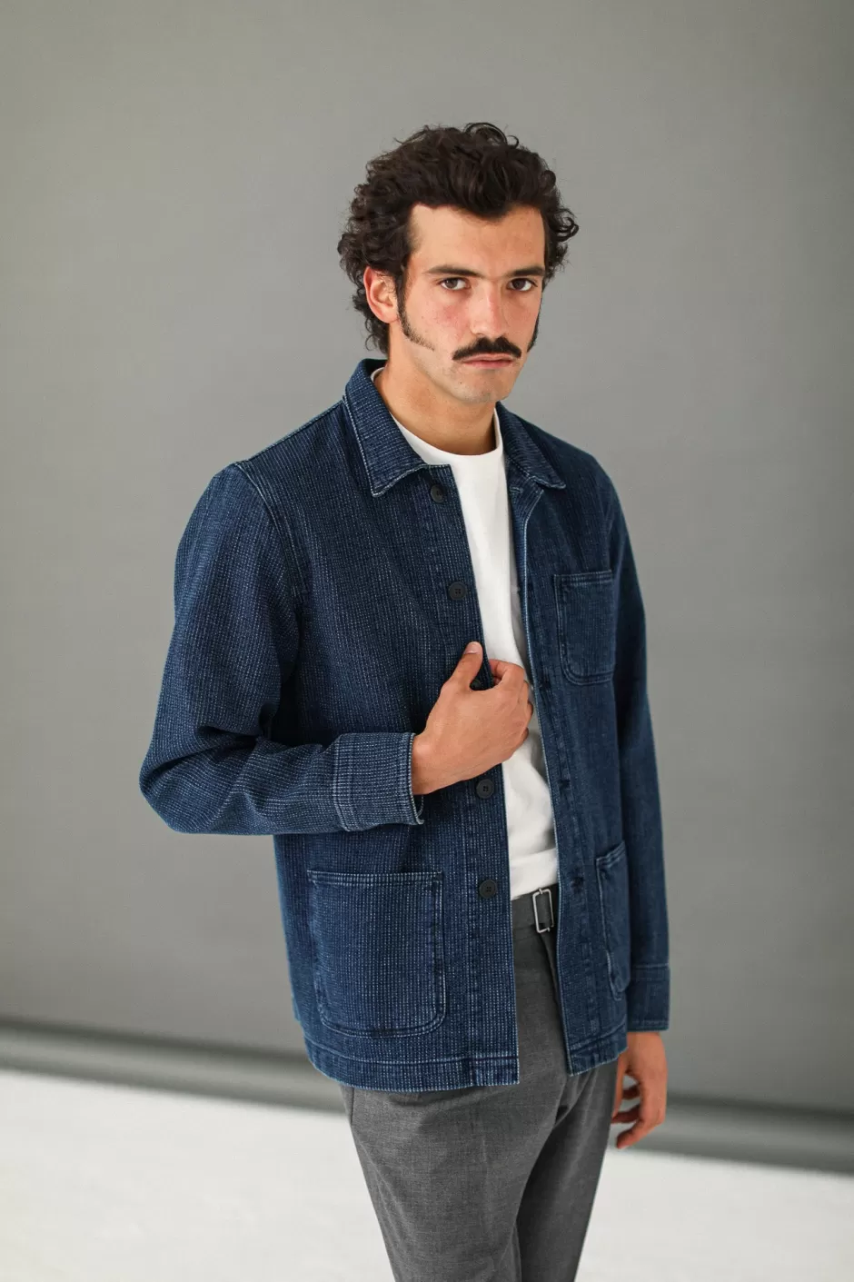 Shop Drapeau Noir Veste Worker - Japanese Kimono Bleu